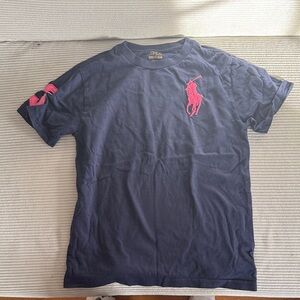 Polo by Ralph Lauren Men's Dark Blue Tee with Pink Emblem